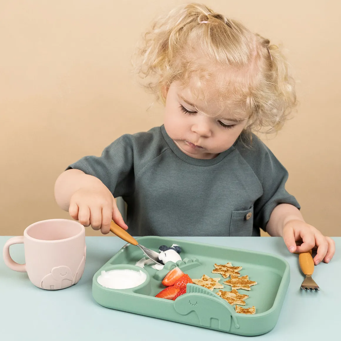Easy-grip cutlery set - Deer friends - Mustard