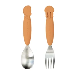 Easy-grip spoon & fork set - Sea friends - Mustard