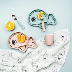 Easy-grip spoon & fork set - Sea friends - Blue