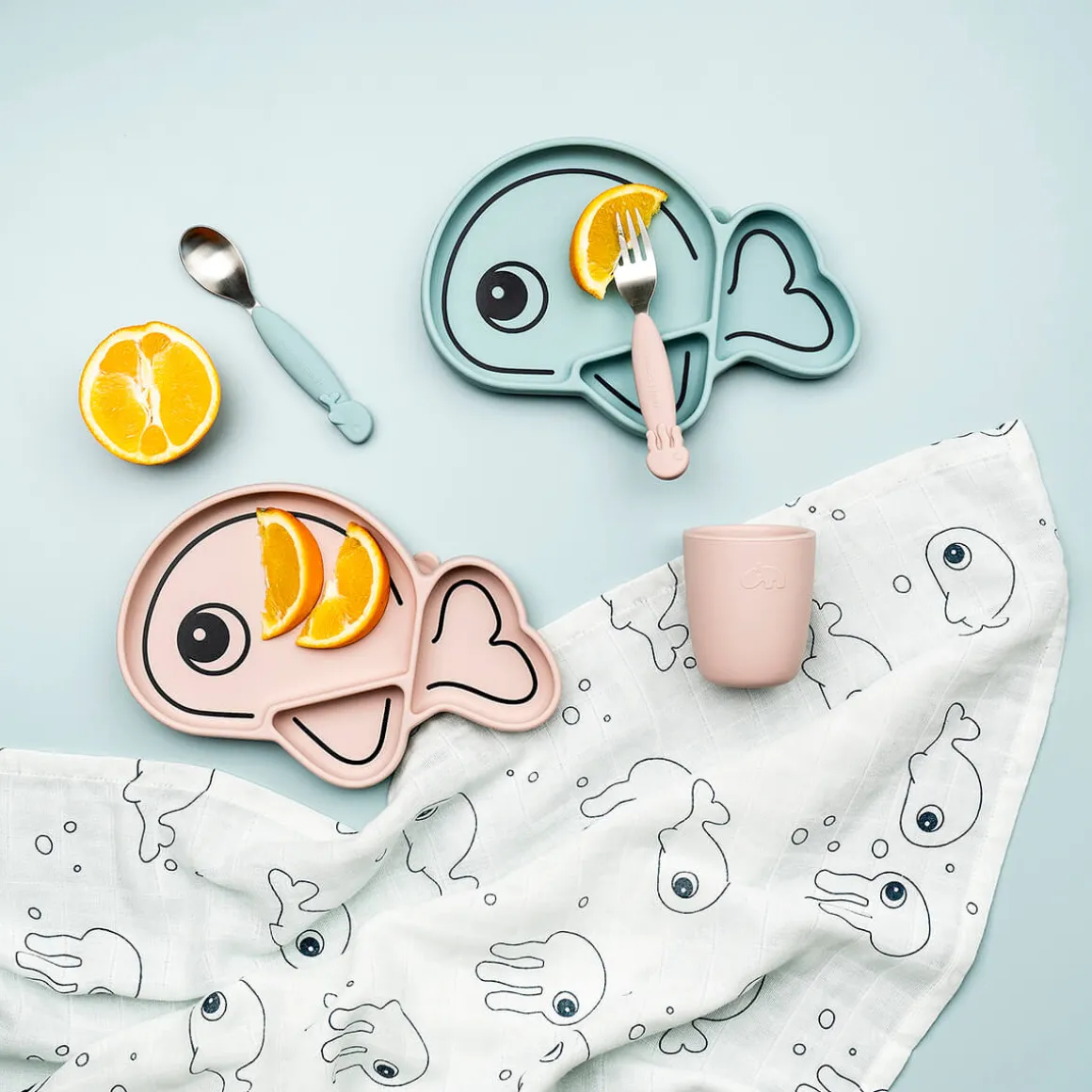 Easy-grip spoon & fork set - Sea friends - Blue