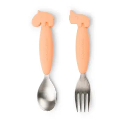 Easy-grip spoon and fork set - Deer friends - Coral