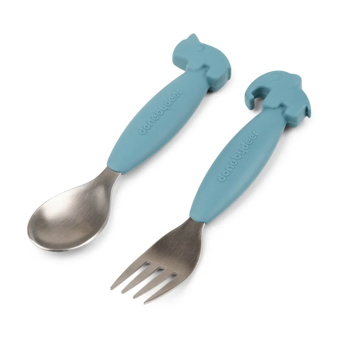 Easy-grip spoon and fork set - Deer friends - Blue
