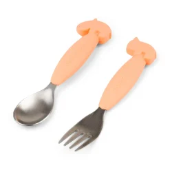 Easy-grip spoon and fork set - Deer friends - Coral