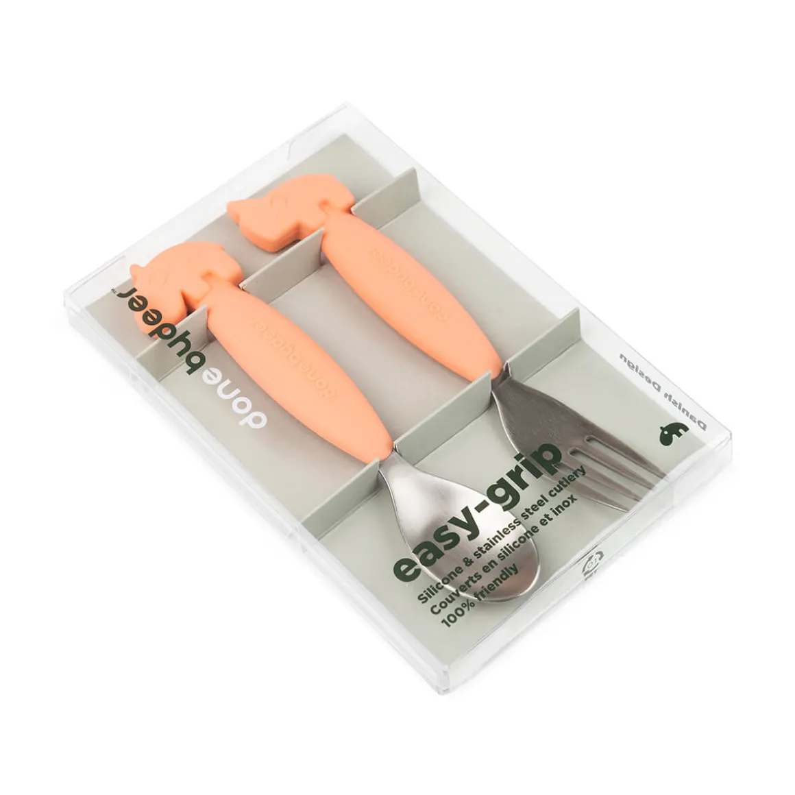 Easy-grip spoon and fork set - Deer friends - Coral