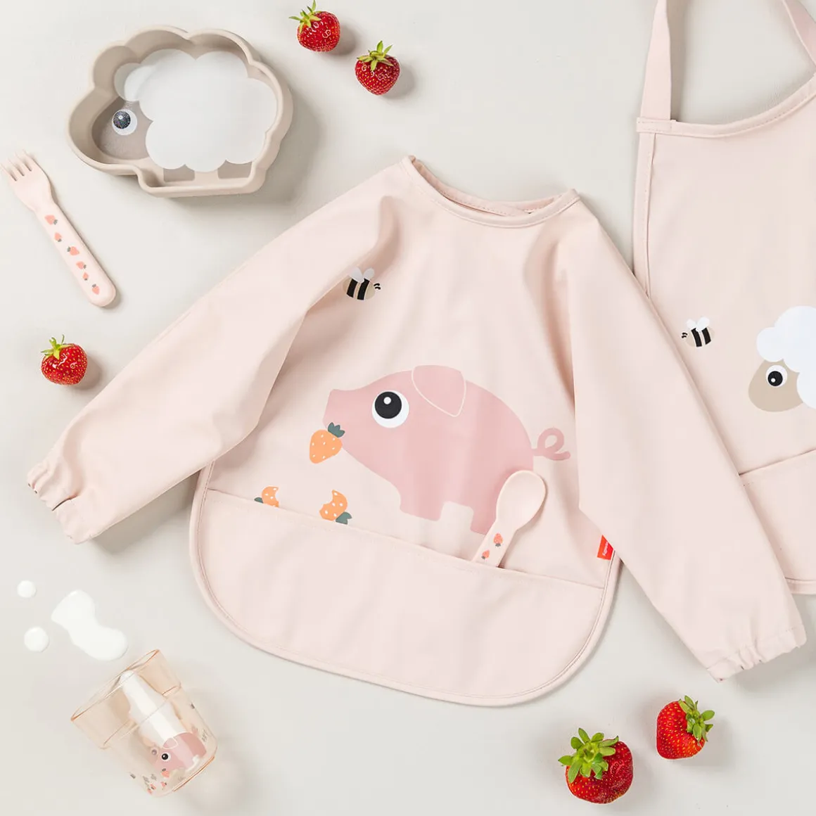 Sleeved pocket bib - Tiny farm - Powder